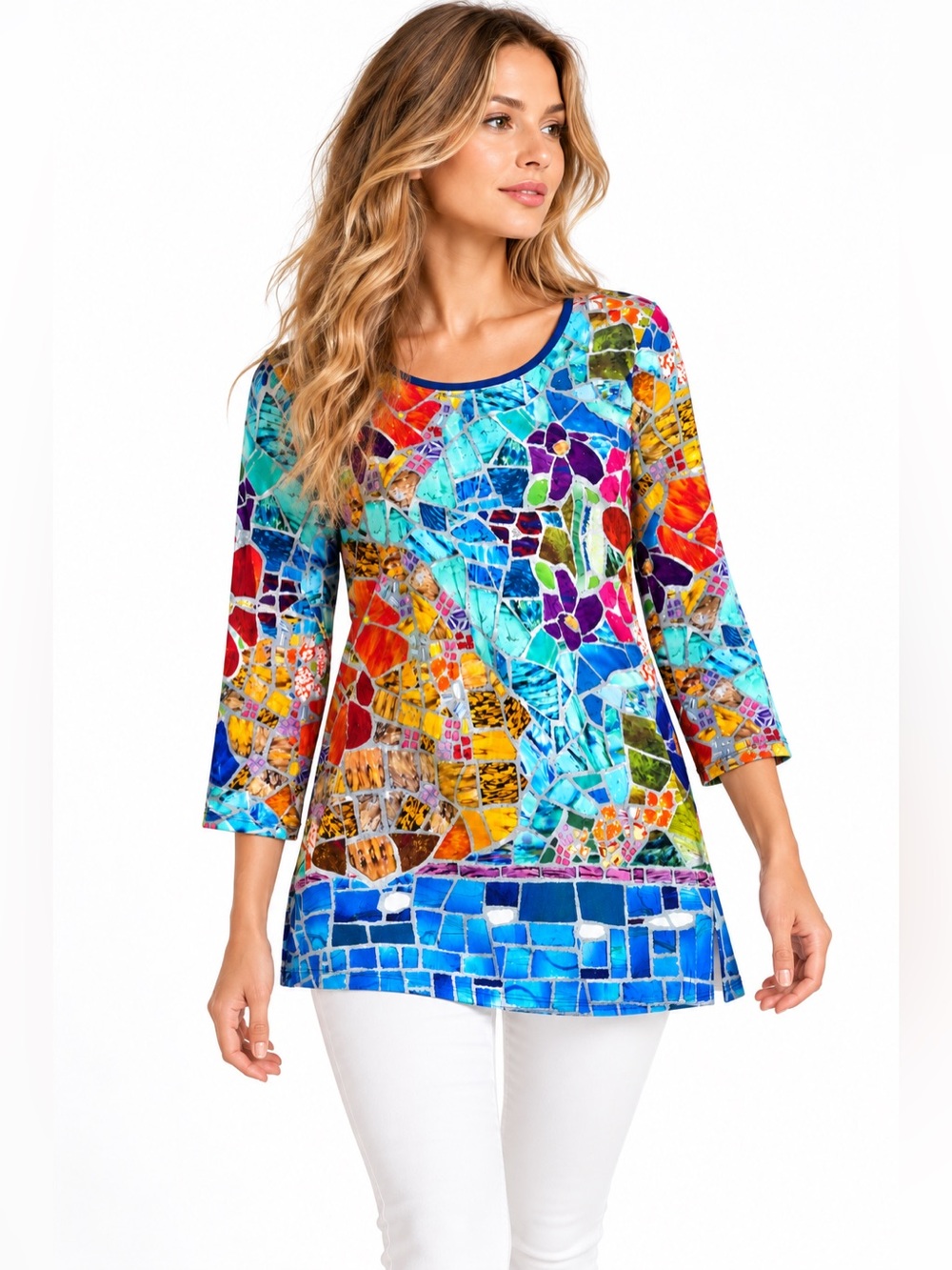 Dolcezza Simply Art Womens L Mosaic Print Tunic Top Colorful 3/4 Sleeve